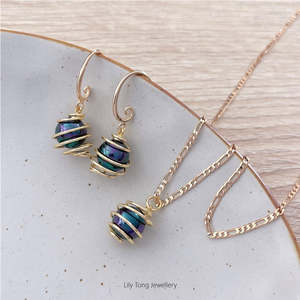 Spiral Caged Pearl Pendant Necklace & Earrings #0695 Peacock Black