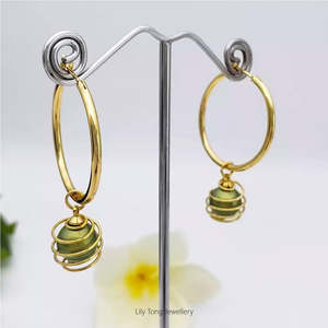 Pearl Necklace Collection: Hoop Earrings With Spiral Caged Pearl Pendant #0728 Dark Green