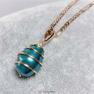Necklaces: Gold-Filled Spiral Caged Shell Pearl Pendant Necklace (Ocean Blue)