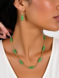 Products: Verdant Glow – Green Bead & Gold Chain Set ✨