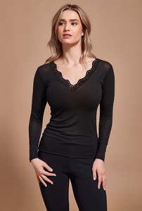 Copy Camisoles And Slips: EGI modal/cashmere long sleeve v neck top with lace 5224