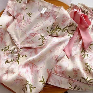 Satin: Pink Floral Satin Pajama Set – Premium Ice Silk Feel with Pockets
