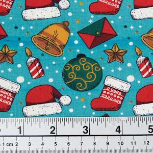 Craft Print Fabrics: Christmas Cotton Print Fabric, Blue Hats & Stocking- Width 112cm