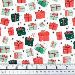 Christmas Fabric: Christmas Cotton Print Fabric,Cream/Red And Green Presents- Width 112cm