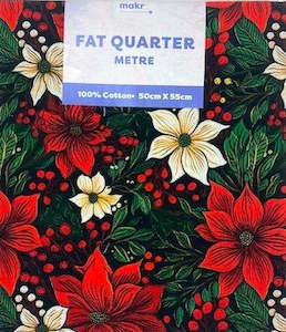 Christmas Print Cotton Fat Quarters, Black Red/White Poinsettia - 50cmx55cm
