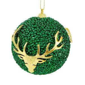 Bauble Hanging Ornament Reindeer, Green/Gold- 8cm
