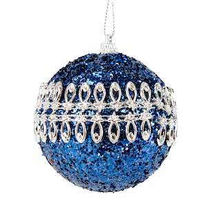 Bauble Hanging Ornament, Dark Blue/Silver Trims- 8cm
