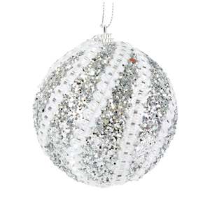 Seasonal: Bauble Hanging Ornament, Silver/White Trim Accent- 8cm