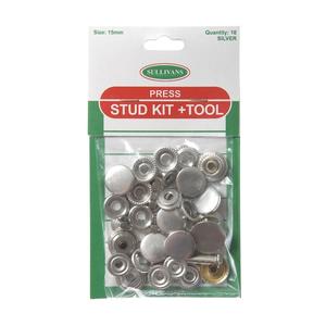 Sewing: Press Stud Kit Plus Tool Size 15mm, Silver- 10 Sets