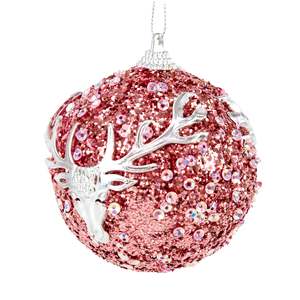 Christmas Bauble Hanging Decor, Pink with Reindeer- 8cm