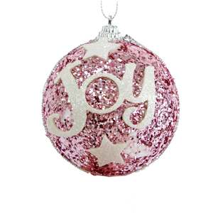 Christmas Bauble Joy & Stars Accent, Pink/White- 8cm
