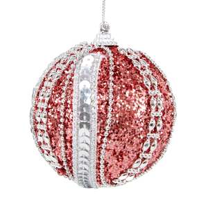 Bauble Hanging Ornament, Pink/Silver Trim Accent- 8cm