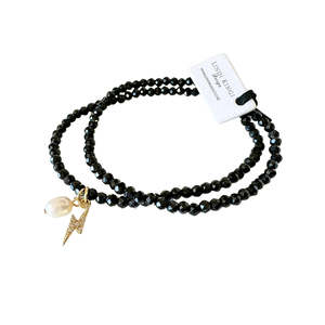 Courage And Grace: Beaded Bracelet Set | Black w Lightning bolt & Pearl