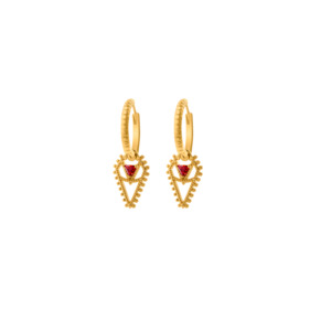 Byzantine Romance: Byzantine Romance - Hearts and lovers Engraved Sleepers | Gold w Ruby Red Stone