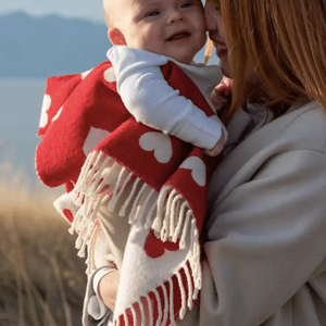 100% Merino Baby Blanket HEARTS Red & White