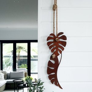 monstera leaf wall art | corten with natural rope