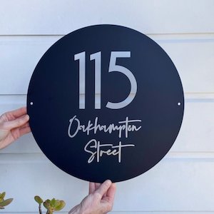 custom round number & street name sign | 40cm diameter | choose your steel type