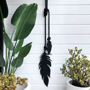 feathers wall hanging | black w black rope | large
