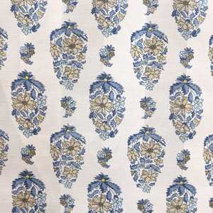 Mughal Off White & Blue Cotton Satin Fabric