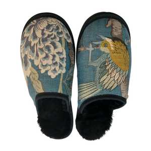 Teal Bird Large Black Slippers