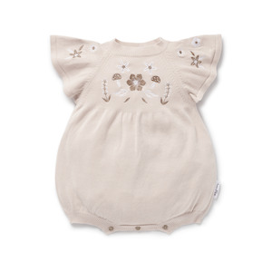 Aster And Oak: FLORAL EMBROIDERED OAT KNIT ROMPER || Sand | Aster & Oak