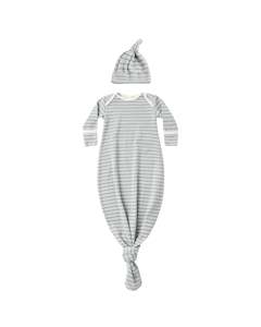 KNOTTED BABY GOWN + HAT SET || STEEL BLUE MICRO STRIPE | Quincy Mae