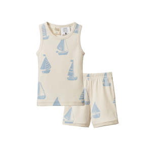 Onesies Sleepwear: SINGLET PYJAMA SET | Regatta Blue Print | Nature Baby
