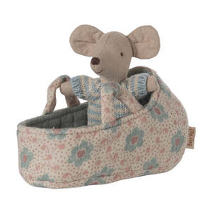 Maileg: Baby Mouse in Carry Cot - Blue | Maileg