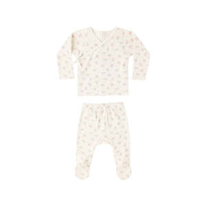Bottoms: Wrap Top + Footed Pant Set - Flower Field - Ivory | Quincy Mae