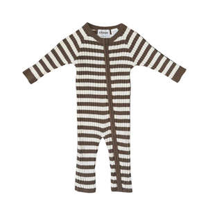 Bodysuits: Organic Rib Stripe Knit Zipper Jumpsuit - Espresso & Milk | Grown