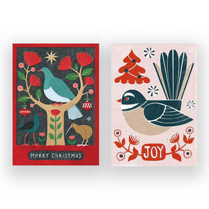 C H R I S T M A S: Kereru In Tree & Fantail Tree 8 Pkt - Greeting Cards