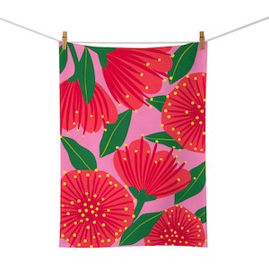 Tea Towels Aprons: Bright Botanical Red Pohutukawa Tea Towel