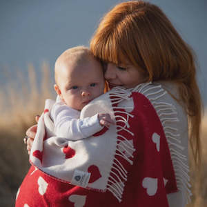 Cushions Blankets Throws: Hearts Baby Blanket Red & White 100% Merino