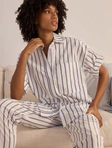 Sleepwear: Papinelle Tyler Cotton Full Length PJ Set (White/Navy Stripe)
