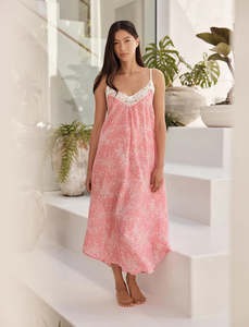 Nighties: Papinelle Cheri Blossom Lace Front Maxi Nightie (Pink Lemonade)