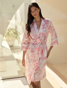 Dressing Gowns: Papinelle Toile De Jouy Midi Robe (Pink Lemonade)