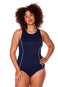 Mastectomy: Genevieve CR1 672 CJ Chevron Jacquard High Neck Racer One Piece Swimsuit (Navy)