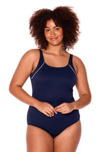 Mastectomy: Genevieve CR1977M CJ Mastectomy Damask One Piece  (Navy/White)