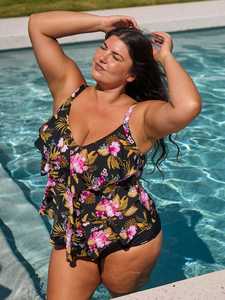 Tankini Tops: Capriosca Caribbean Chlorine Resistant 3 Tier Tankini Top (Black)