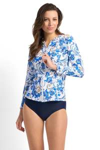 Swimwear: Sunseeker Sicily Long Sleeve Mastectomy Rashie (Blue/White)