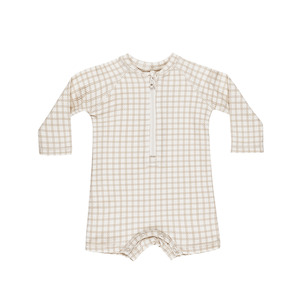 Swimwear: Quincy Mae Long Sleeve One-Piece Rashguard - Oat Check
