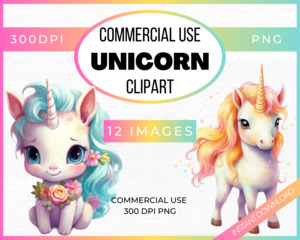 Clipart Commercial Use: Unicorn Watercolor Clipart