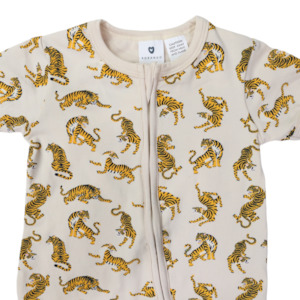 Baby Boy 0 24 Months: Korango - Tiger Print Short Sleeve Zip Romper Tapioca