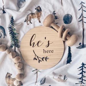 Wall Hangings: 'He's Here' Announcement Plaque | Funny Bunny Kids