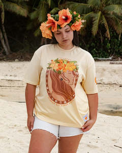 Womens Small: Flower Eis Happy Days Oversized T-Shirt - Lemon Yellow & Milk Choc