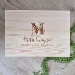 Wooden Boxes: Floral Monogram with birth details Engraved Pine Box