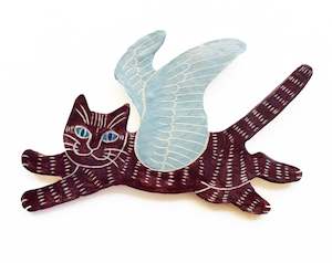 Yuki Komiyama: Wall hanging Flying Cat - Plum and pale blue