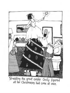 Christmas: Cecily's Christmas Tea Towel Straddling the Conifer