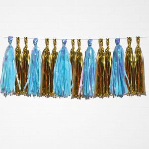 Holographic Blue & Metallic Gold Tassel Garland Set 15 Piece
