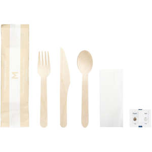 Wooden Cutlery: M Wooden Cutlery Set 6/1 (Knife, Fork, Spoon, Napkin, Salt, Pepper) | 50/Pack